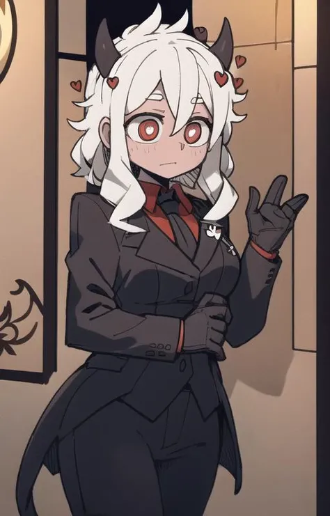 best quality, masterpiece, best shadow, shade, beautiful lighting, High Contrast, modeus with heart shapes and heart shaped pupils, coffee shop, night, colored lights,formal wear  <lora:helltakerv1 te.2:0.6> <lora:Helltaker:0.4><lora:Masterpiace:0.2> <lora:40_niji:0.4>