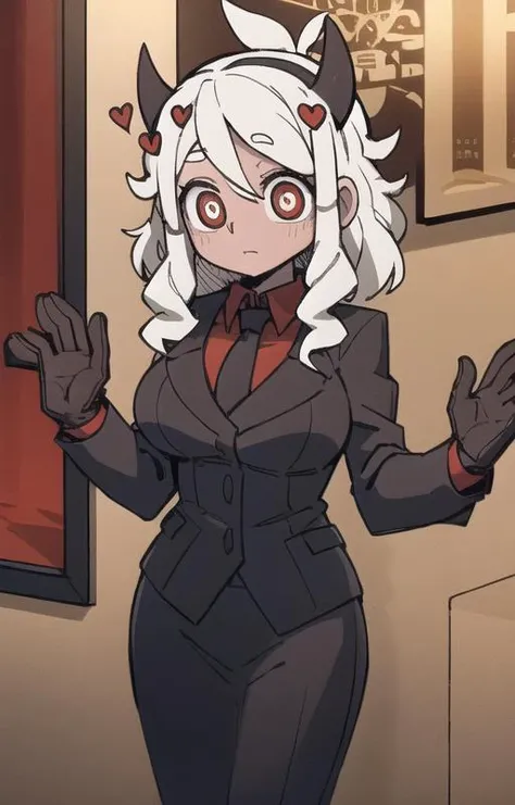 best quality, masterpiece, best shadow, shade, beautiful lighting, High Contrast, modeus with heart shapes and heart shaped pupils, coffee shop, night, colored lights,formal wear  <lora:helltakerv1 te.2:0.6> <lora:Helltaker:0.4><lora:Masterpiace:0.2> <lora:40_niji:0.4>