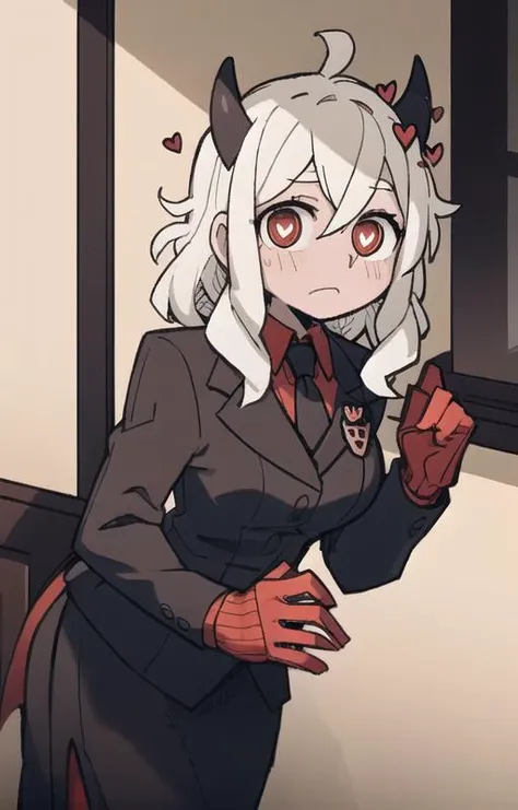 best quality, masterpiece, best shadow, shade, beautiful lighting, High Contrast, modeus with heart shapes and heart shaped pupils, coffee shop, night, colored lights,formal wear <lora:helltakerv1 te.2:0.6> <lora:Helltaker:0.4><lora:Masterpiace:0.2> <lora:40_niji:0.4>