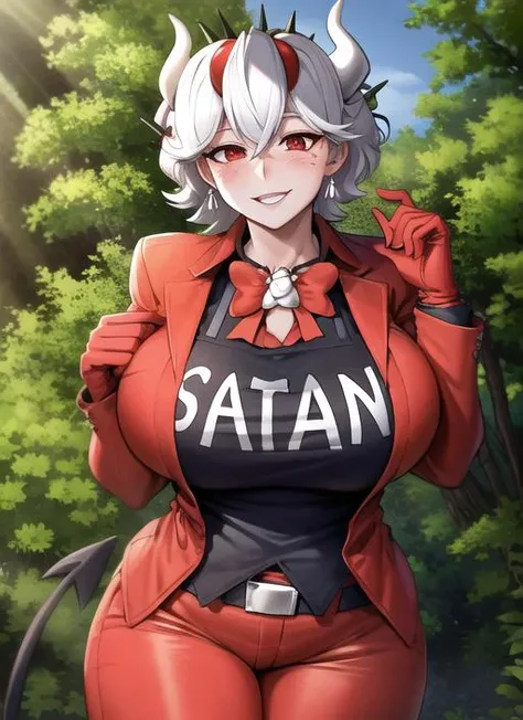(masterpiece, absurdres, high-quality, best quality, ultra-detailed), beelzebub, <lora:helltakerFullHaremAnd_v1:1>, 1girl, apron, head wreath, flowers on head, belt, red pants, red suit, curvy, red gloves, large breasts, looking at viewer, in the forest, short hair, solo, demon tail, blush, freckles, red eyes, choker, mature female, day, sun, sunbeam, detailed background, happy face, laugh,