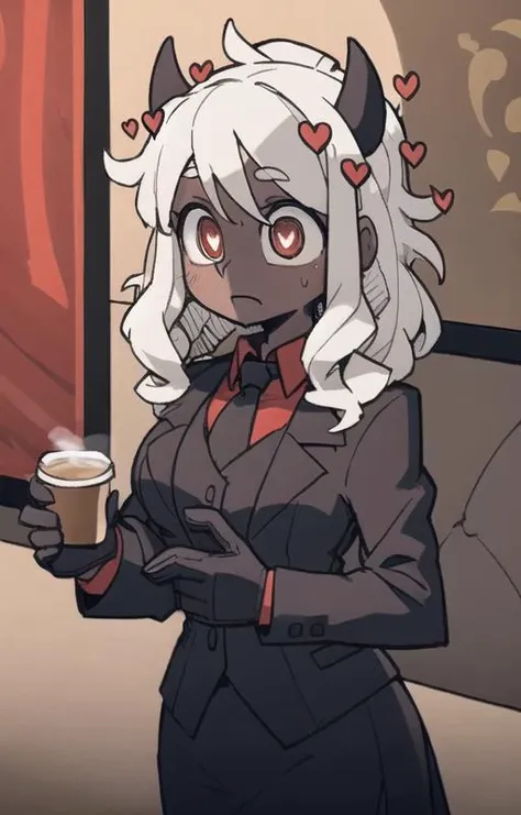 best quality, masterpiece, best shadow, shade, beautiful lighting, High Contrast, modeus with heart shapes and heart shaped pupils, coffee shop, night, colored lights,formal wear <lora:helltakerv1 te.2:0.6> <lora:Helltaker:0.4><lora:Masterpiace:0.2> <lora:40_niji:0.4>