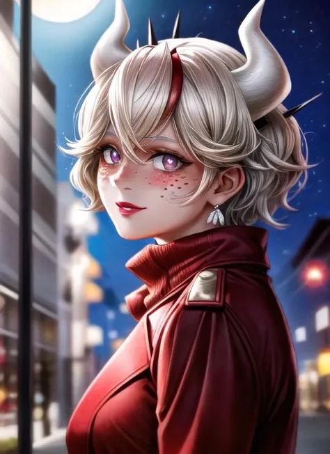 (masterpiece, absurdres, high-quality, best quality, ultra-detailed, beautiful), <lora:add_detail:1>, perfect eyes, perfect face, perfect lighting, textured skin, beautiful detailed face, (detailed face:1.4), beautiful detailed eyes, ambient light, realistic shadows, beautiful detailed pupils, cute, 1girl, solo, solo focus, portrait, beelzebub in a red sweater with red trench coat, <lora:helltakerv1 te.2-000007:1>, short hair, white hair, demon girl, demon tail, freckles, red eyes, white horns, purple lipstick, lips, blush, (red coat:1.3), red scarf, outdoors, street, (night:1.2), cars in the backgrounds, Headlights, mall in the background, lights, moon, looking at viewer, walking, smiling, rich, expensive, jewelry, professional photo