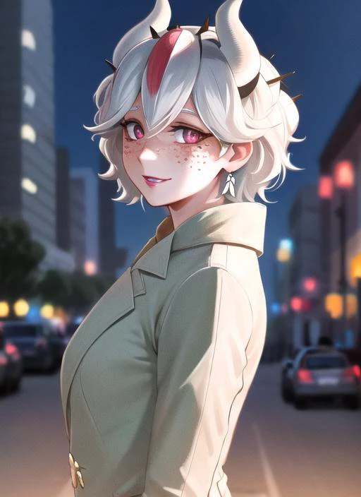 (masterpiece, absurdres, high-quality, best quality, ultra-detailed, beautiful), perfect eyes, perfect face, perfect lighting, textured skin, beautiful detailed face, (detailed face:1.4), beautiful detailed eyes, ambient light, realistic shadows, beautiful detailed pupils, cute, 1girl, solo, solo focus, beelzebub, <lora:helltakerv1 te.2-000007:1>, short hair, white hair, demon girl, demon tail, freckles, red eyes, white horns, purple lipstick, lips, blush, white fur coat, (white fur-trimmed coat:1.3), outdoors, street, (night:1.2), cars in the backgrounds, Headlights, Hermitage in the background, looking at viewer, walking, smiling, from the side, full body, rich, expensive, jewelry