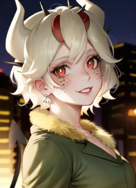 (masterpiece, absurdres, high-quality, best quality, ultra-detailed, beautiful), perfect eyes, perfect face, perfect lighting, textured skin, beautiful detailed face, (detailed face:1.4), beautiful detailed eyes, ambient light, realistic shadows, beautiful detailed pupils, cute, 1girl, solo, solo focus, beelzebub, <lora:helltakerv1 te.2-000007:1>, short hair, white hair, demon girl, demon tail, freckles, red eyes, white horns, purple lipstick, lips, blush, white fur coat, (fur-trimmed coat:1.3), outdoors, street, (night:1.2), cars in the backgrounds, Headlights, skyscrapers, tall buildings in the background, looking at viewer, walking, smiling, from the side