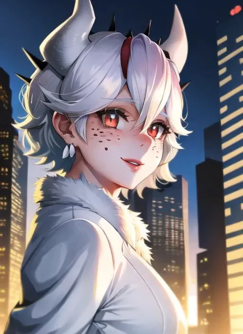 (masterpiece, absurdres, high-quality, best quality, ultra-detailed, beautiful), perfect eyes, perfect face, perfect lighting, textured skin, beautiful detailed face, (detailed face:1.4), beautiful detailed eyes, ambient light, realistic shadows, beautiful detailed pupils, cute, 1girl, solo, solo focus, beelzebub, <lora:helltakerv1 te.2-000007:1>, short hair, white hair, demon girl, demon tail, freckles, red eyes, white horns, purple lipstick, lips, blush, white fur coat, (white fur-trimmed coat:1.3), outdoors, street, (night:1.2), cars in the backgrounds, Headlights, skyscrapers, tall buildings in the background, looking at viewer, walking, smiling, from the side, full body