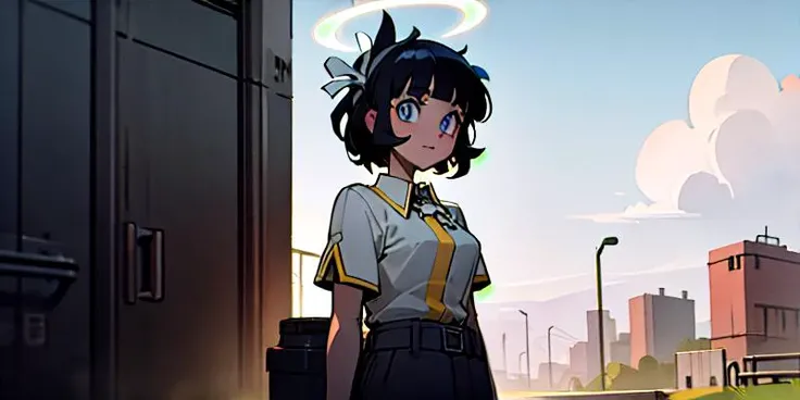 a parking lot in the background, building in the background, cloudy sky, <lora:helltakerv1 te.2-000007:0.8>, 1girl, (masterpiece:1,2), best quality, a beautiful and detailed portrait of asazel with halo and black hair and blue eyes, solo, standing, halo, outdoors, bangs, White short-sleeved uniform, industrial pipe, looking at viewer, dark lighting, garbage, garbage bin