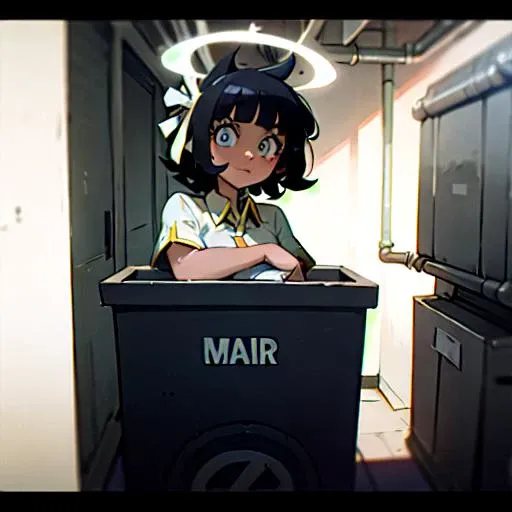 <lora:helltakerv1 te.2-000007:0.8>, 1girl, (masterpiece:1,2), best quality,  a beautiful and detailed portrait of asazel with halo and black hair and blue eyes,  solo, standing, halo, alley, outdoors, bangs, White short-sleeved uniform, industrial pipe, looking at viewer, air conditioner, dark lighting, garbage, garbage bin