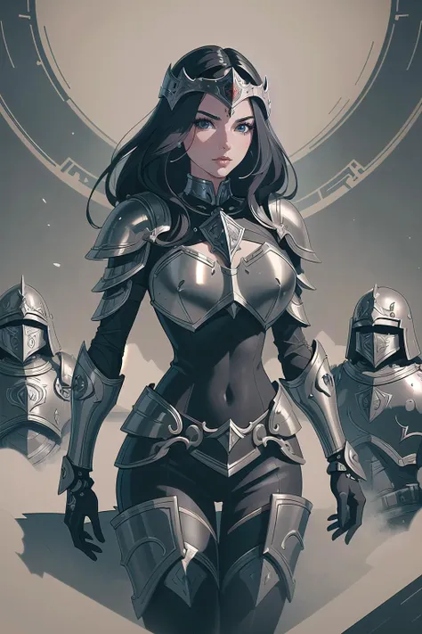 (masterpiece, best_quality, ultra-detailed, immaculate:1.3), epic, illustration, rune knight lord , (armor, faulds, chestplate, greaves, pauldrons, helmet:1|1.2|1.4),muted black hair, long bombshell hair, arms behind head, on an  abstract background,<lyco:EnvyValkyrie01:1>