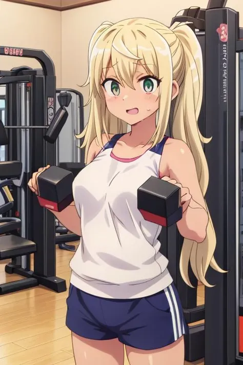 masterpiece, best quality,,<lora:GoodHands-vanilla:0.8> <lora:anmnr01:0.3> <lora:add_detail:0.5> , <lora:hibiki-dumbbell:0.7>,hibiki sakura,grab large dumbbell,sweat,tanktop,short pants,trainnig gym,happy,stylish angle
