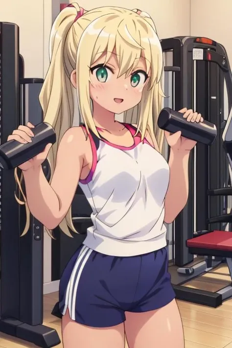 masterpiece, best quality,,<lora:GoodHands-vanilla:0.8> <lora:anmnr01:0.3> <lora:add_detail:0.5> , <lora:hibiki-dumbbell:0.7>,hibiki sakura,grab dumbbell,tanktop,short pants,trainnig gym,happy,stylish angle