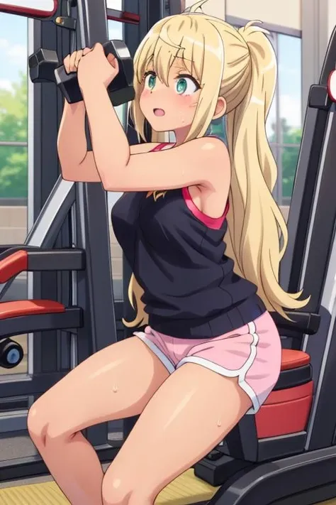masterpiece, best quality,,<lora:GoodHands-vanilla:0.8> <lora:anmnr01:0.3> <lora:add_detail:0.5> , <lora:hibiki-dumbbell:0.7>,hibiki sakura,grab heavy dumbbell,sweat,wet skin,tanktop,short pants,trainnig gym,happy,stylish angle