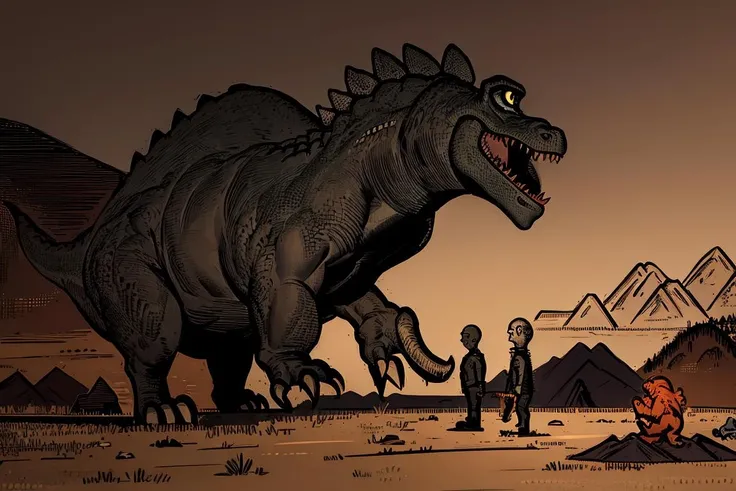 dinosaur, bald, people, battle, night, mountain, ominous, mysterious, dark, lonely. <lora:Matti_Hagelberg-10:0.8>
