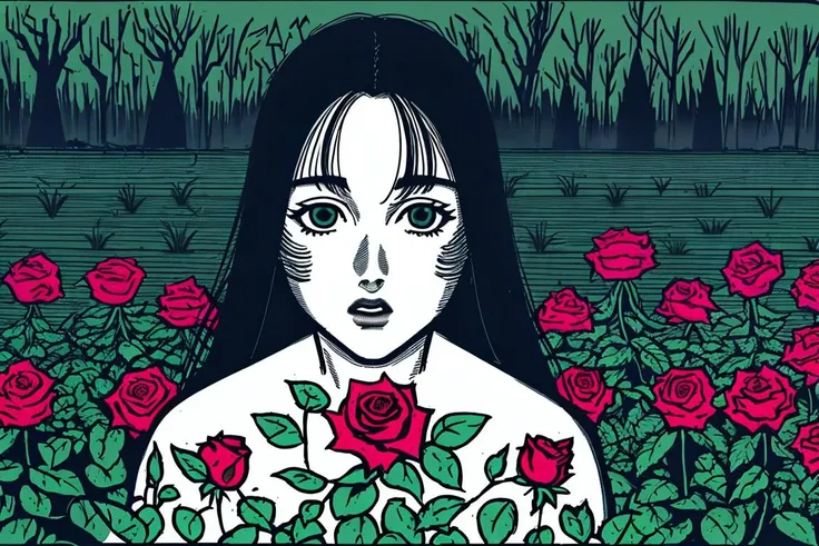 (margaret qualley:0.7), portrait, 20 year old, woman, 1boy, short, thick athletic thighs, pale, holding a rose. dark american forest, large trees, night, flowers, wildflowers, garden of eden, natural paradise, ominous, mysterious, vibrant, dark, lonely. <lora:Matti_Hagelberg-10:1.0>
