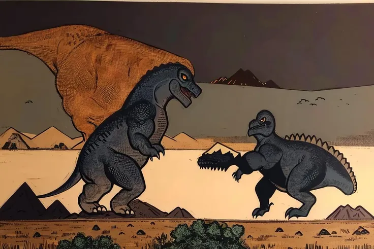 dinosaur, bald, people, battle, night, mountain, ominous, mysterious, dark, lonely. <lora:Matti_Hagelberg-10:0.8>