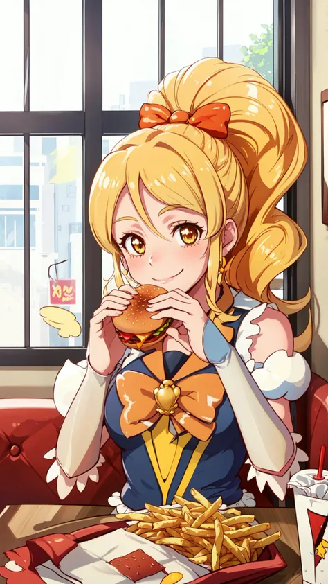 masterpiece, best quality, highres, bbnina, blonde hair, long hair, green eyes, (purple wings:1.1), feathered wings, blue dress, puffy sleeves, long sleeves, thighs, side slit, <lora:nina_bof2_v1:0.8>, indoors, restaurant, sitting, eating, burger, smile, chair,