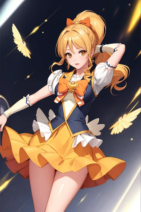 ultra detailed, sharp focus, best quality, masterpiece, colorful, <lora:CureHoney:1> cureHoney, blonde hair, ponytail, bow, brooch, yellow skirt, vest, puffy sleeves, wrist cuffs, best quality, masterpiece, intricate details