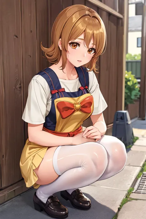 ultra detailed, sharp focus, best quality, masterpiece, colorful, <lora:CureHoney:1> OomoriYuuko, light brown hair, short hair, apron, tired face, alleyway background, waitress uniform, squatting, best quality, masterpiece, intricate details