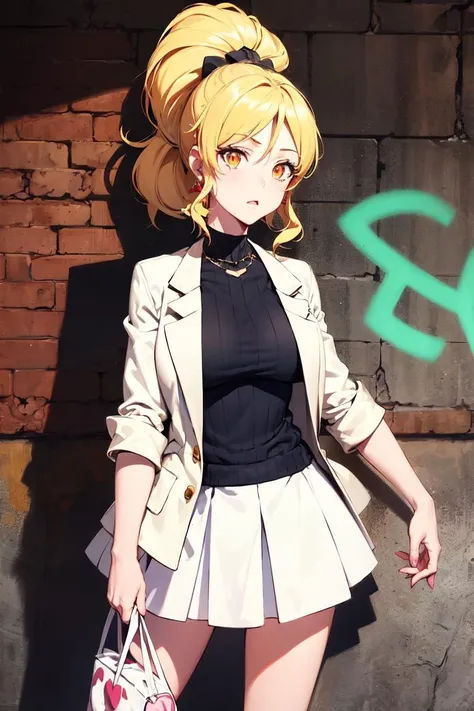 masterpiece, best quality, absurdres, perfect anatomy, 1girl, solo, cureHoney, blonde hair, ponytail, earrings, sharp eyes, choker, neon shirt, open jacket, turtleneck sweater, night, against wall, brick wall, graffiti, dim lighting, alley, looking at viewer, <lora:CHAR-CureHoney:1>