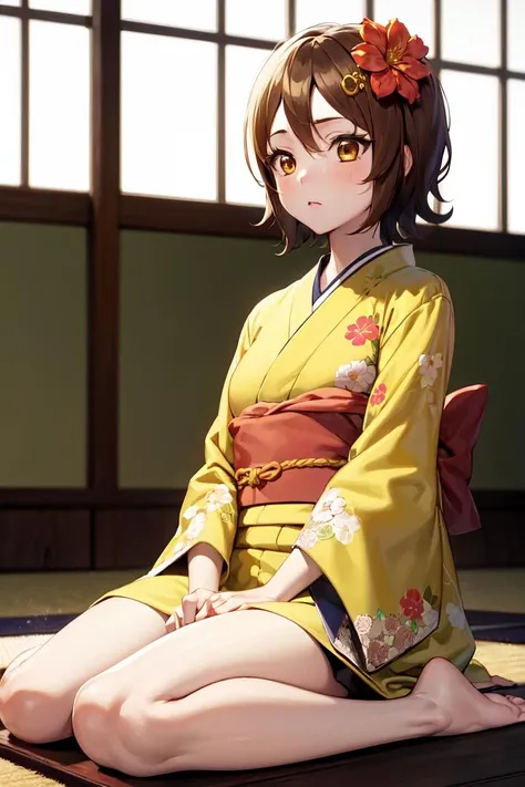 masterpiece, best quality, absurdres, perfect anatomy, 1girl, solo, oomoriYuuko, light brown hair, short hair, indoors, kimono, hair flower, floral print, wariza, sitting, hands on own knees, <lora:CHAR-CureHoney:1>