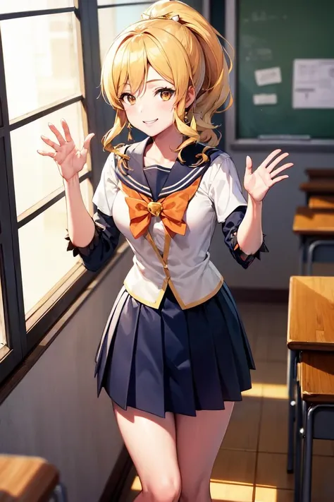 masterpiece, best quality, absurdres, perfect anatomy, 1girl, solo, cureHoney, blonde hair, ponytail, classroom, window, school uniform, dress shirt, pleated skirt, waving at viewer, smile, <lora:CHAR-CureHoney:0.9>