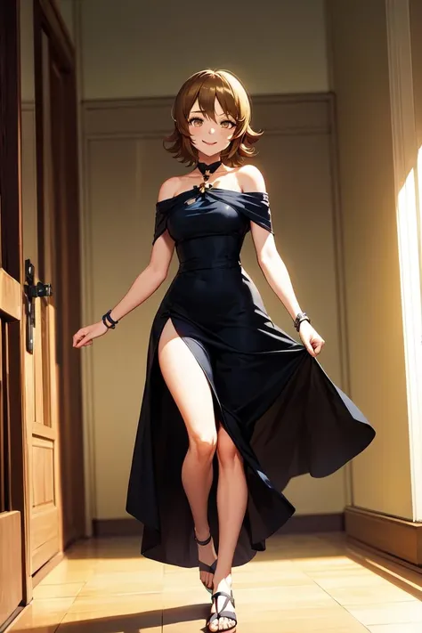 masterpiece, best quality, absurdres, perfect anatomy, 1girl, solo, oomoriYuuko, light brown hair, short hair, elegant, long dress, black dress, halterneck, smile, indoors, palace, jewelry, standing, <lora:CHAR-CureHoney:1>