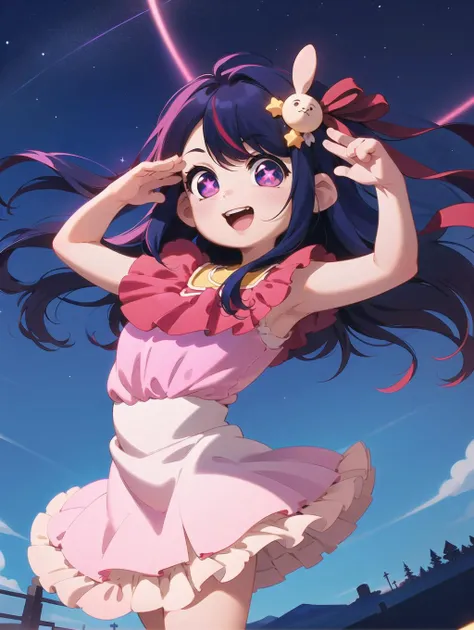 a girl and the stars and sky concert, standing on one leg, dancing, looking at viewer, smile, <lora:alkemanubis_style_v1_weight13:1>, dutch angle , <lora:HoshinoAi_v9:.8> Hoshino Ai, long hair, purple hair, streaked hair ,purple eyes, star-shaped pupils, hair ornament, frilled idol dress, open mouth,