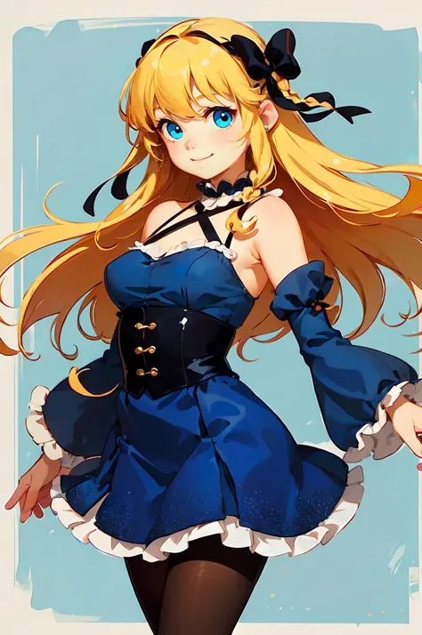 ultra detailed, masterpiece, best quality, solo, soft smile, light smile, (blue theme, blue clothes:1.3),
1girl, blue eyes, very long hair, blonde hair, long blonde hair, french braid, bangs, medium breasts,
hair ribbon, frilled choker, criss-cross halter, sleeveless dress, high-waist skirt, backless dress, waist bow, detached sleeves, frilled sleeves, wide sleeves, pantyhose, patterned legwear, mary janes, <lora:alkemanubis_style_v1_weight13:0.75>