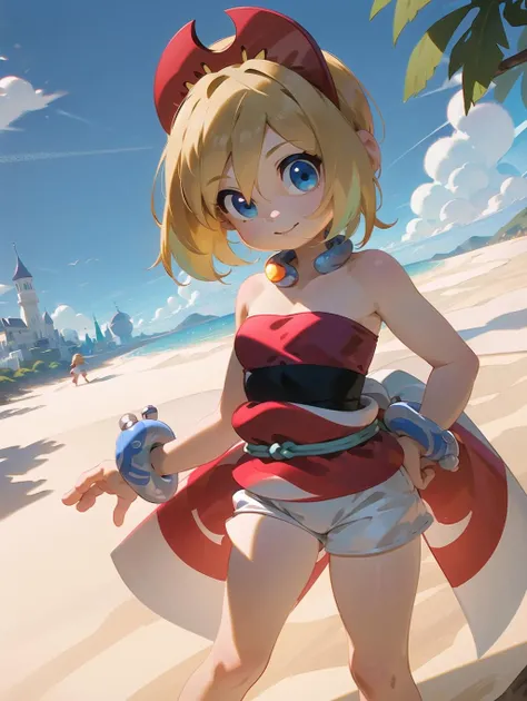 a girl and the sand kingdom, standing, looking at viewer, ligh smile, tower, <lora:alkemanubis_style_v1_weight13:1>, dutch angle , <lora:irida_(pokemon)_v1:1> aairida, short hair, red hairband, neck ring, collar, strapless shirt, red shirt, bracelet, sash, waist cape, white shorts, bare legs,