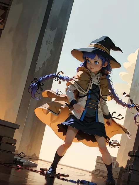 a girl on a skyscraper in tokyo, neon, dynamic pose,epic standing , <lora:alkemanubis_style_v1w:1>, dutch angle, <lora:roxy:1> 1girl,witch hat,blue hair,very long hair,twin braid,hair ribbon,blue eyes,brown cape,long sleeves, black skirt,