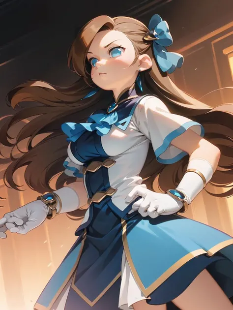 a girl a ice kingdom, standing,  <lora:alkemanubis_style_v1_weight13:1>, dutch angle, <lora:katarina_claes_v1:1> katarina claes, long hair, asymmetrical bangs, jewelry, earrings, hair bow, hair ornament, brooch, blue dress, ascot, short sleeves, white gloves, bracelet,