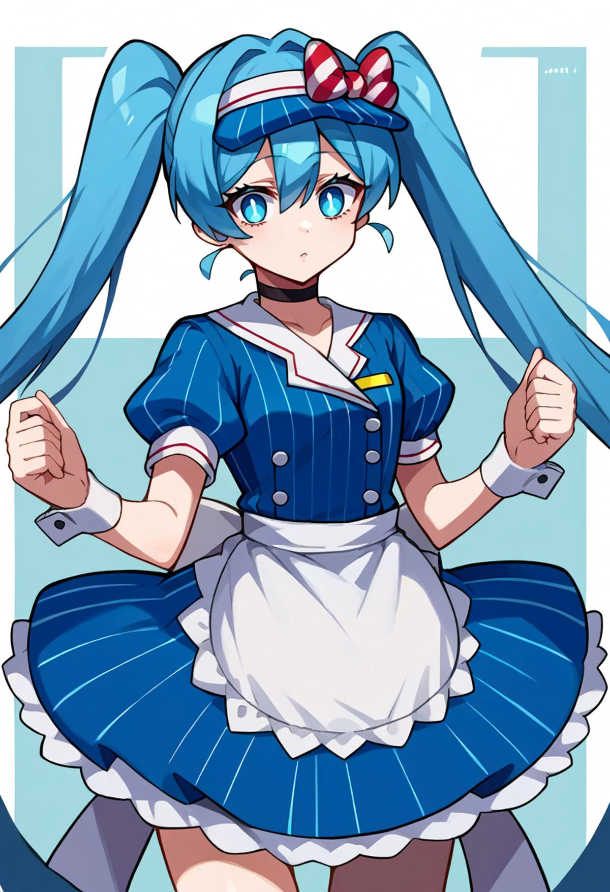 score_9, score_7_up, source_anime, solo, BREAK <lora:vocaloid_mesmerizermiku_ponyXL:1> mesmerizermiku, blue eyes, blue hair, twintails, hair bow, striped bow, visor cap, frills, blue dress, vertical-striped dress, buttons, puffy short sleeves, wrist cuffs, waist apron, frilled apron, black choker, <lora:Tonami_Kanji_Style_Pony_XL:0.9>