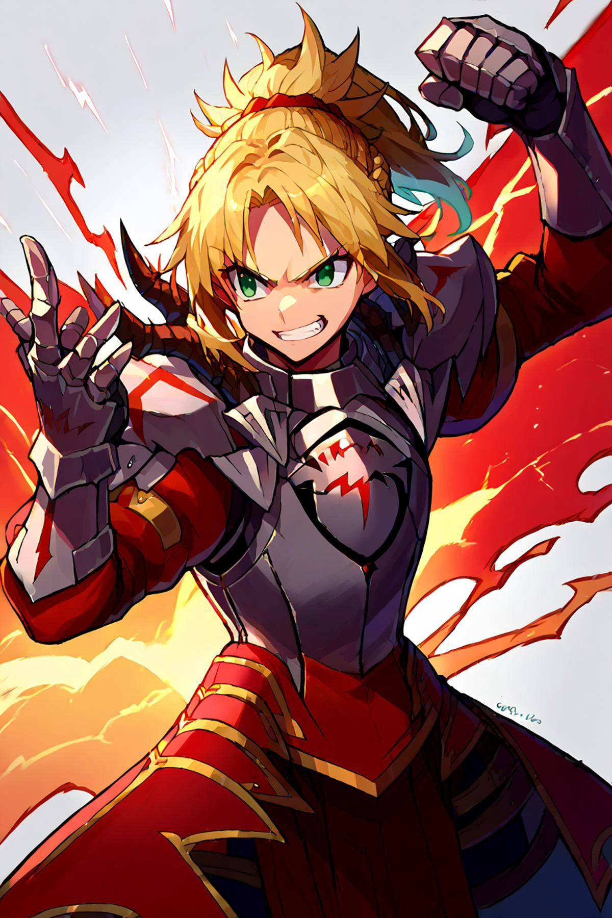 <lora:Tonami_Kanji_Style_Pony_XL:0.9> <lora:Mo-san:1> 1girl, Armor: blonde hair, medium hair, green eyes, braid, ponytail, red dress, breastplate, gauntlets,fighting pose,red lightning,white background, grin, score_9, score_8_up, score_7_up, source_anime,