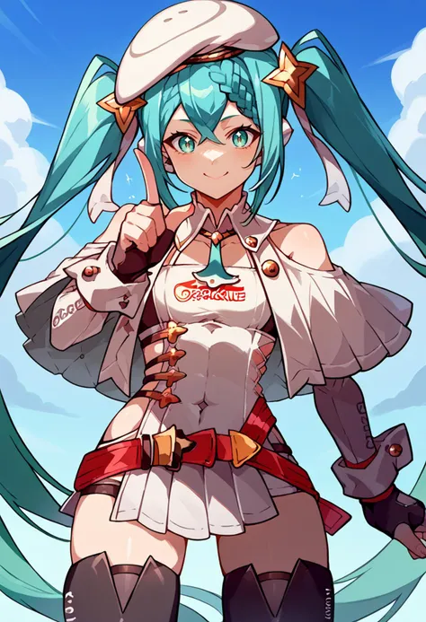 solo, score_9, score_7_up, source_anime, BREAK smile, finger gun, blue sky,  <lora:vocaloid_racingmiku2023_ponyXL:1> racingmiku2023, aqua hair, aqua eyes, twintails, braid, star hair ornament, white headwear, beret, white capelet, white dress, clothing cutout, long sleeves, red belt, black gloves, fingerless gloves, black thighhighs, bare shoulders, <lora:Tonami_Kanji_Style_Pony_XL:0.9>