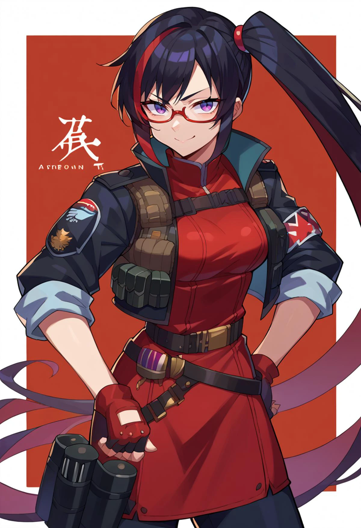 <lora:Tonami_Kanji_Style_Pony_XL:0.9>, score_9, score_8_up, score_7_up, source_anime,, solo, smug smile,
1girl, purple eyes, red-framed eyewear, black hair, red colored tips, red streaked hair, very long hair, side ponytail, tied hair, medium breasts, red colored tips,, jacket on shoulders,red dress, sleeves rolled up, fingerless gloves, holster, belt, multiple belts, combat boots, bulletproof vest, pants, black coat, tactical clothes,