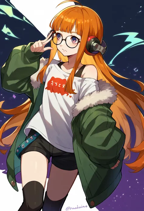 smile, finger gun,  <lora:Tonami_Kanji_Style_Pony_XL:0.9>   <lora:zs_FutabaXL:0.8> futabadef, orange hair, long hair, blunt bangs, glasses, ahoge, purple eyes, behind-the-head headphones, white shirt, green fur-trimmed jacket, off shoulder jacket, black shorts, black thighhighs, black knee boots,, score_9, score_8_up, score_7_up, source_anime,