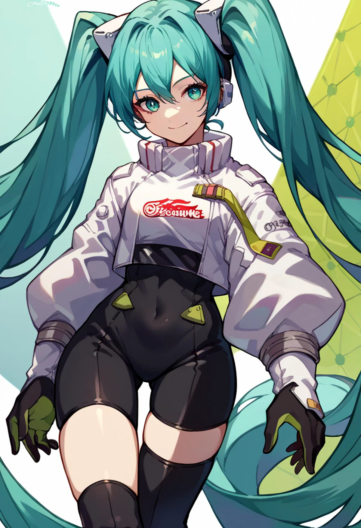 <lora:vocaloid_racingmiku2022_ponyXL:1> racingmiku2022, twintails, aqua hair and aqua eyes, white jacket, cropped jacket, long sleeves, two-tone gloves, black gloves, green gloves, black bodysuit, single thighhigh, single thigh boot, smile, <lora:Tonami_Kanji_Style_Pony_XL:0.9>, score_9, score_8_up, score_7_up, source_anime,
