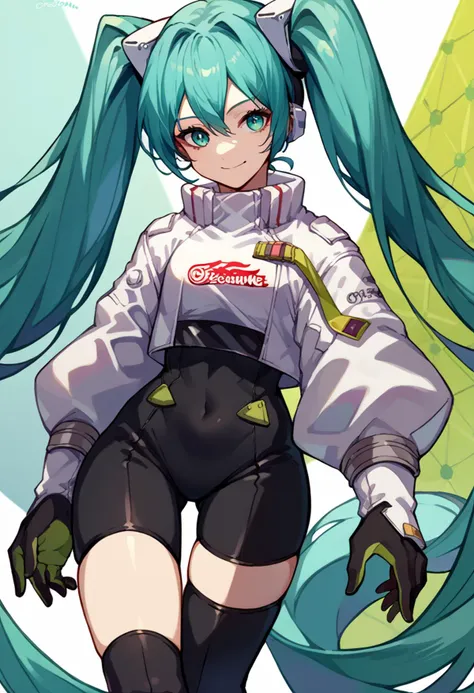 <lora:vocaloid_racingmiku2022_ponyXL:1> racingmiku2022, twintails, aqua hair and aqua eyes, white jacket, cropped jacket, long sleeves, two-tone gloves, black gloves, green gloves, black bodysuit, single thighhigh, single thigh boot, smile,  <lora:Tonami_Kanji_Style_Pony_XL:0.9>, score_9, score_8_up, score_7_up, source_anime,