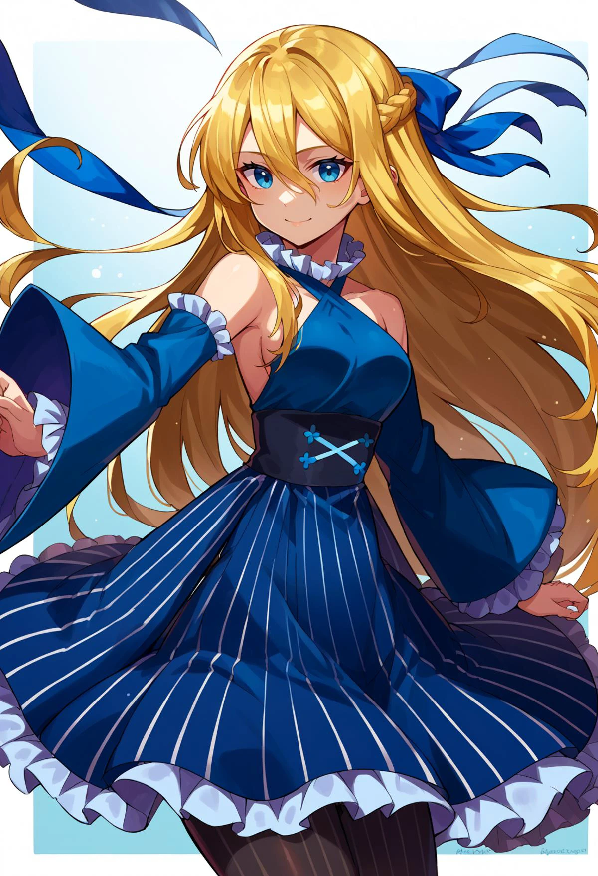 <lora:Tonami_Kanji_Style_Pony_XL:0.9>, score_9, score_8_up, score_7_up, source_anime,, solo, soft smile, light smile,
katya1, 1girl, blue eyes, very long hair, blonde hair, long blonde hair, french braid, bangs, hair between eyes, medium breasts,, hair ribbon, frilled choker, criss-cross halter, sleeveless dress, high-waist skirt, backless dress, blue dress, waist blue bow, detached sleeves, frilled sleeves, wide sleeves, blue sleeves, black pantyhose, patterned legwear, pinstripe pantyhose, mary janes, layered dress,