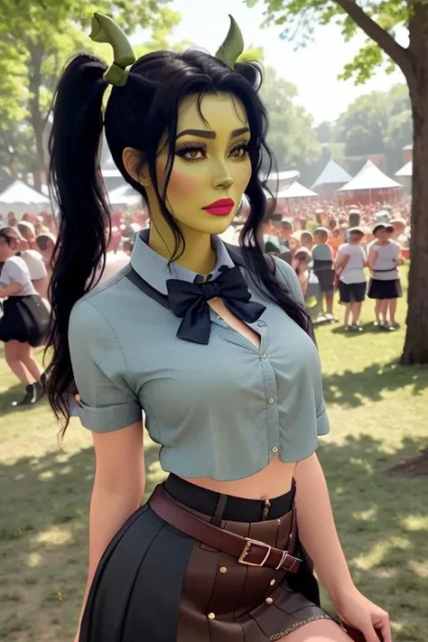 photo of a woman, <lora:ladyshrek-07:0.6>, lady shrek, ladyshrek, (green skin, alien ears, pig ears), (serious), ((bowtie, shirt, skirt):1.2), ((black hair, pigtails)), ((outdoors, walking, festival, carnival):1.1), ((cowboy shot, waist, hips, thighs):1.2), ((red lipstick, makeup)), ((best quality, masterpiece, extreme details, high resolution):1.2),((detailed eyes, beautiful eyes, detailed face, beautiful face):1.2)