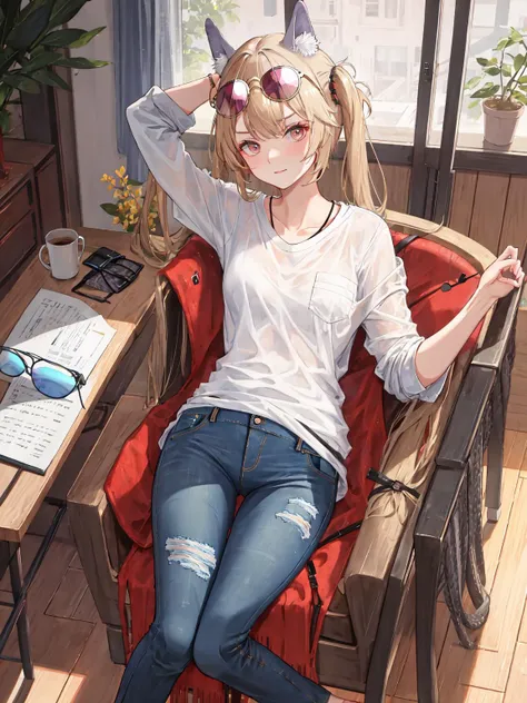 masterpiece, best quality, <lora:tmp7-6:1>, shirt, jeans, eyewear on head,