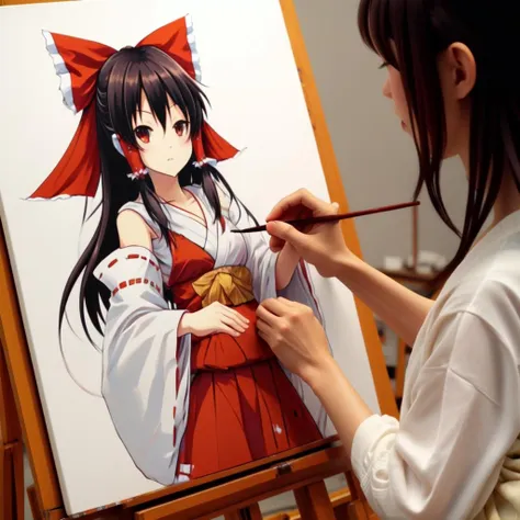 <lora:artist_hands_v2:0.7>, detailed hakurei reimu shaped, on_back, holding paintbrush, painting (action), palette (object), art brush, canvas (object), easel