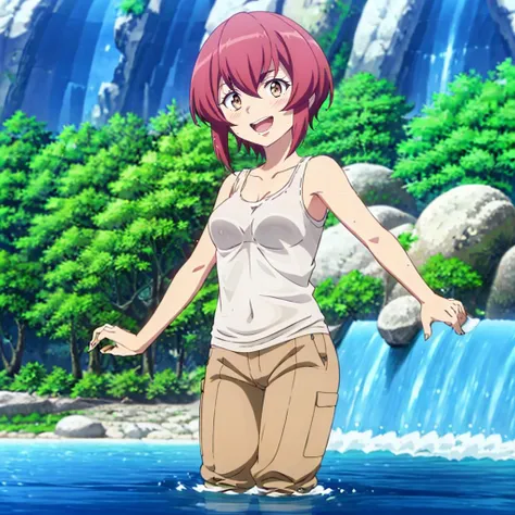 masterpiece,highres,high quality,extremely detailed,solo,
<lora:KurenaKukumila001:0.7>,
KurenaKukumila,1girl,
looking at viewer,open mouth,teeth,smile,blush,:d,standing,
collarbone,wet,white shirt,tank top,bare shoulders,brown pants,water,outdoors,tree,waterfall,rock,day,