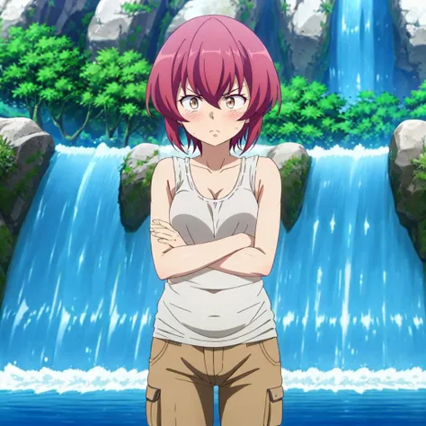 masterpiece,highres,high quality,extremely detailed,solo,
<lora:KurenaKukumila001:0.7>,angry,arms crossed,blush,
KurenaKukumila,1girl,
tank_top,pants,waterfall,