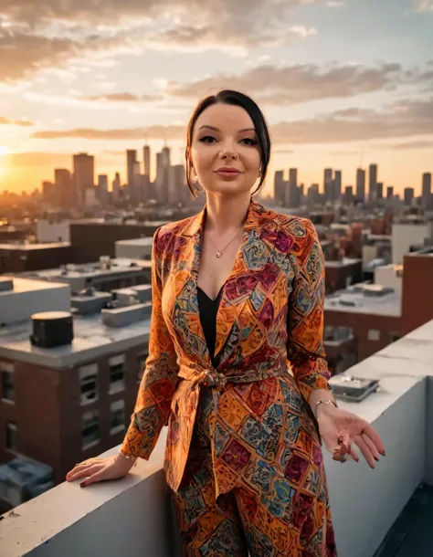 Capturing a spontaneous moment with a wide-angle lens, Janee Wiles, a confident and stylishly dressed woman adorned in sophisticated patterns and vibrant colors, stands solo on an urban rooftop as the sun sets, effortlessly posing while gazing out towards the stunning cityscape below. <lora:ijhluq18f685b9e77u87:1>