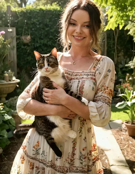 Janee Wiles, captured from an intimate eye-level perspective in a serene, sunlit tranquil garden setting wearing her bohemian dress embellished with rustic accents, artfully poses alongside her beloved cat, their mutual embrace and radiant smiles illuminating the camera lens as they effortlessly express their contentment in this harmonious moment. <lora:ijhluq18f685b9e77u87:1>