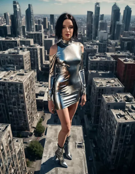 In an atmospheric futuristic cityscape, Janee Wiles, a spontaneous and confident woman in an elegant yet edgy outfit comprised of a shimmering metallic dress and bold boots, captures everyone's attention as she effortlessly strikes her graceful pose underneath the radiance of the dystopian urban setting, all magnificently captured by a drone camera from a birds-eye view. <lora:mriigp18f684983a5q4b:1>