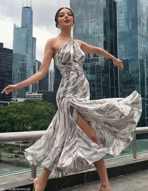 Janee Wiles, a charismatic 1girl, radiating with confidence and style, donned her signature elegant dress, captivating the city with a solo performance that exuded graceful poise amidst swirling urban hues, as she gazed into the future with unwavering determination. <lora:ijhluq18f685b9e77u87:1>