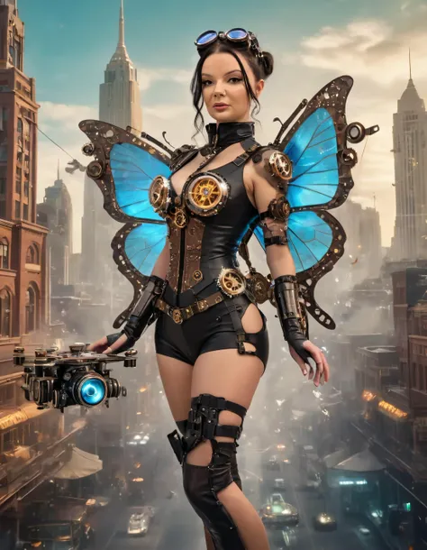 In an unpredictable sci-fi world where time-traveling butterflies alter reality, Janee Wiles dons a courageous, yet stylish futuristic steampunk ensemble embellished with intricate gears and glowing crystals, standing in the center of a vibrant cityscape, while a drone camera captures her poised stance from above, symbolizing her resolute determination to save lives across different eras. <lora:mriigp18f684983a5q4b:1>