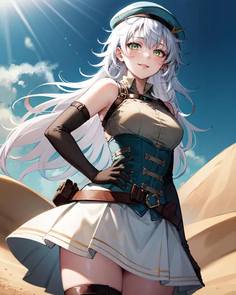 best quality, (masterpiece:1.2), illustration, absurdres,
(1girl), (solo), (beautiful detailed girl),  from below,
<lora:FieKuro:1>, white hair, long hair, green eyes, medium breasts
green beret, green corset, white skirt, brown top, bare shoulders, black gloves, elbow gloves,  black boots, thighhigh boots, 
looking at viewer, smile,
desert, sand dunes, sun, sky,
