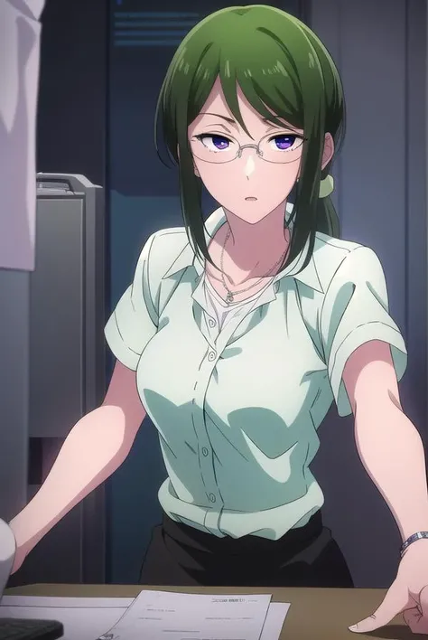MakiZenin, 1girl, perfect, beautiful, lnd_woman, lnd_body, posing, sitting, front, ponytail, [(green hair:1.1):2] eyewear, office cubicle, fully unbuttoned white shirt, no pants, cowgirl position, eyes looking seductively at viewer, evil smile, masterpiece, high quality, expressive eyes, defined eyes, sex with maki zenin, orgasm, riding dick, man fucking woman, man fucks maki hard till she cums, best sex ever, no bra, 